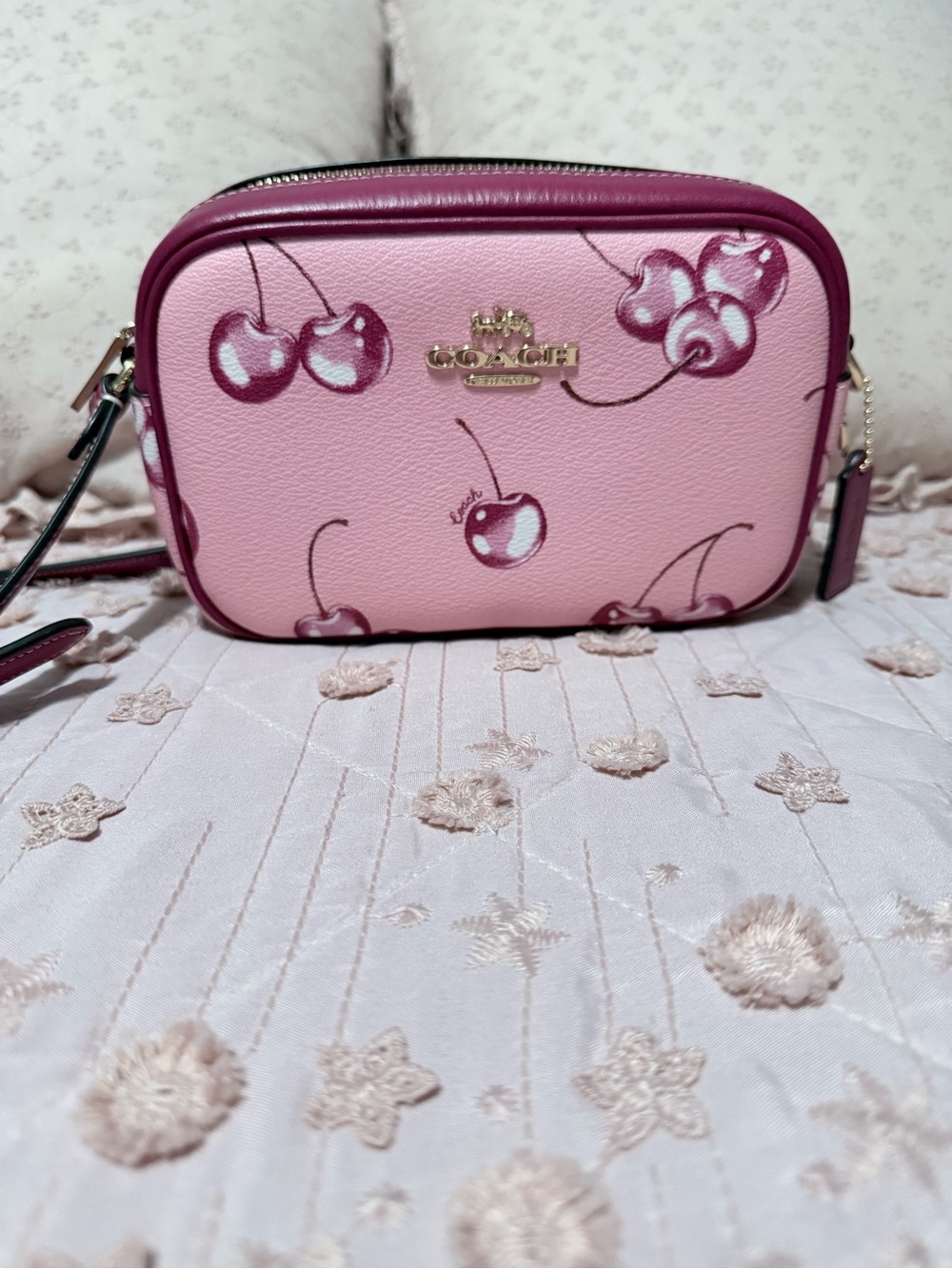 Coach Pink Cherry-Print Crossbody Bag with Plum Trim